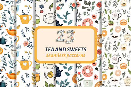 Tea and sweet seamless patterns