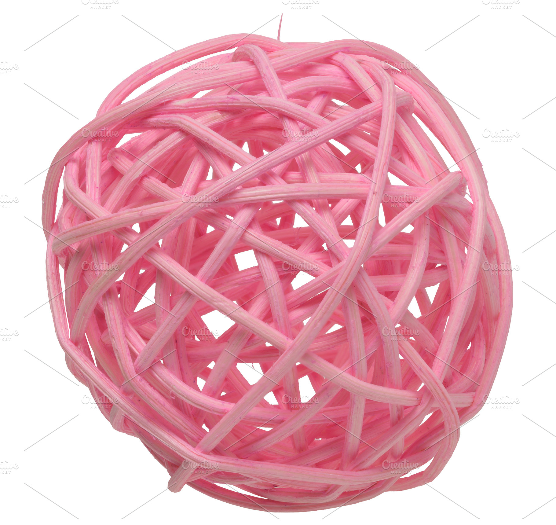 Pink wicker rattan ball on white background, which is a decorati, an Abstract Photo by ndanko