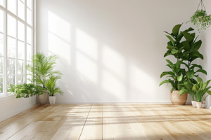 The white room features wooden floor, a Photo by Pavel_design