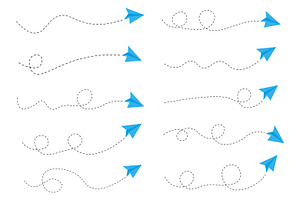 Set of dashed line paper airplane