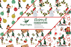 Christmas elves seamless patterns