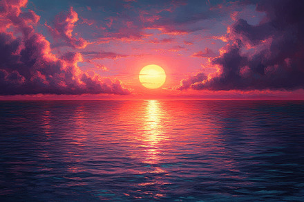 Stunning sunset over tranquil ocean, a Photo by Tanuart
