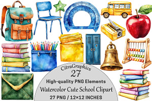 Watercolor Cute School Clipart, a Seasonal Illustration by CitraGraphics