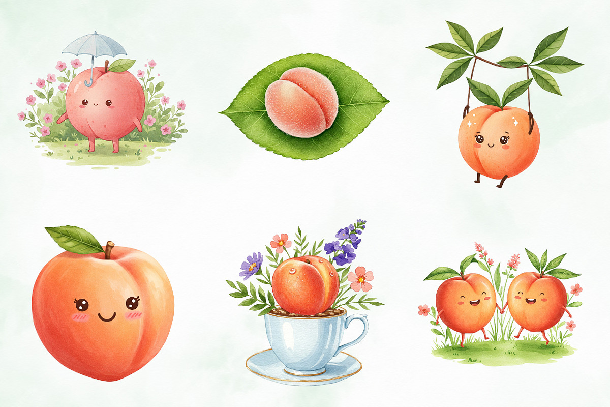 Watercolor Cute Peaches Garden Fruit, an Illustration by Creative Art (Photo 3 of 10)