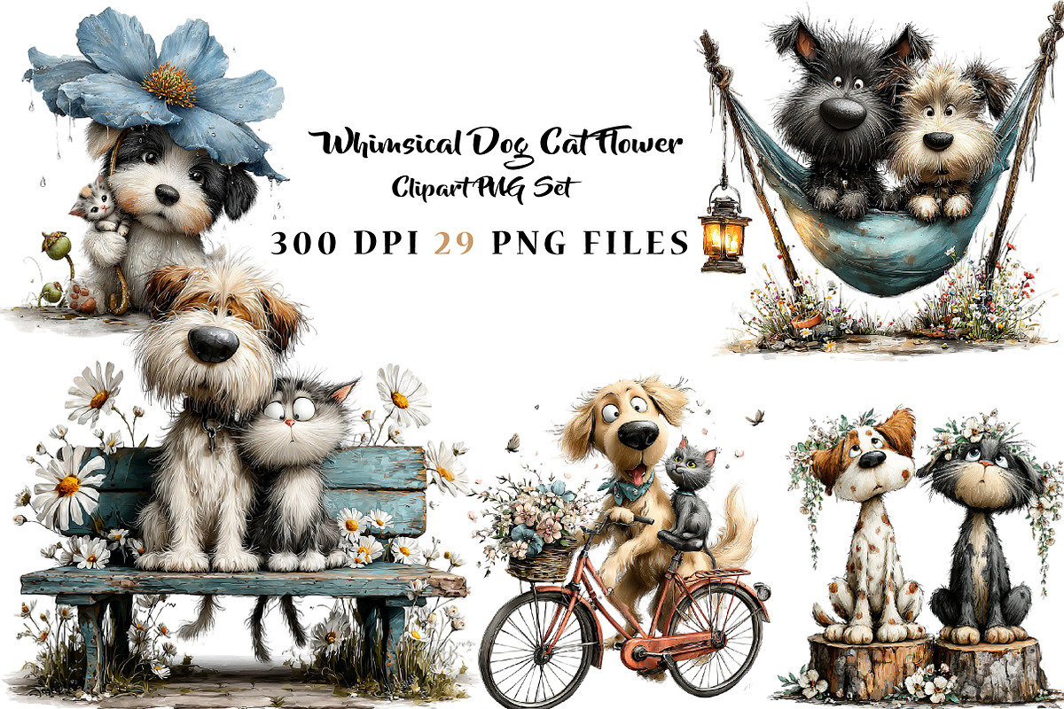 Whimsical Dog Cat Flower Clipart, a Seasonal Illustration by CreationArt (Photo 1 of 5)