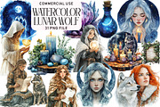 Watercolor Lunar Wolf Maiden Clipart, an Illustration by Daily.Designs (Thumbnail 1 of 5)