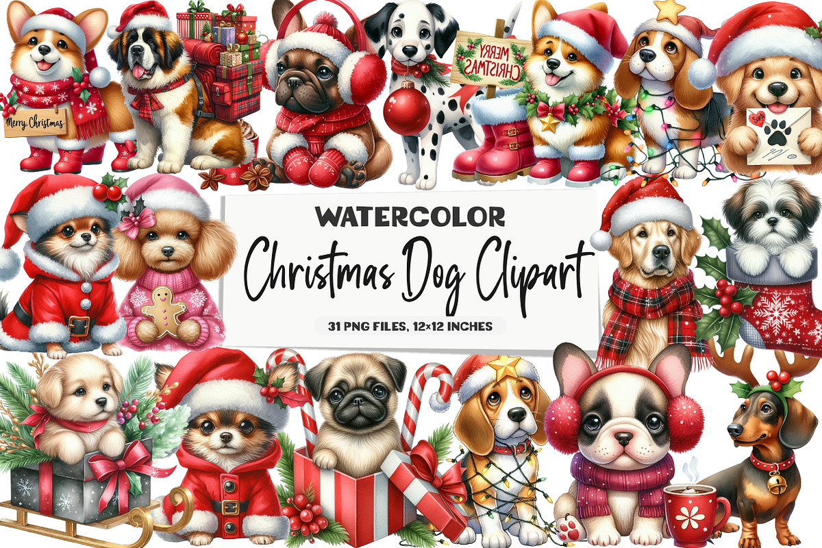 Christmas Dog Clipart, an Illustration by DreamArtGraphic (Photo 1 of 6)