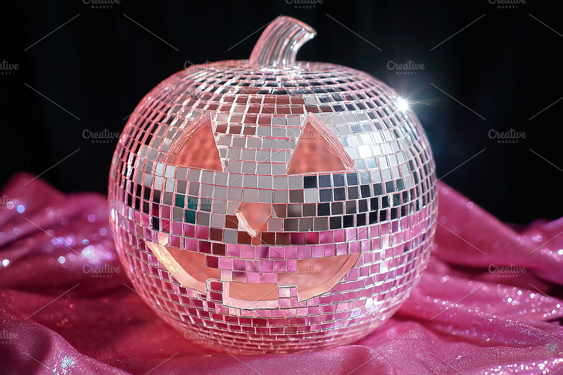 Sparkling disco pumpkin decoration with a playful face on a vibrant backdrop, a Photo by AlyaAnd
