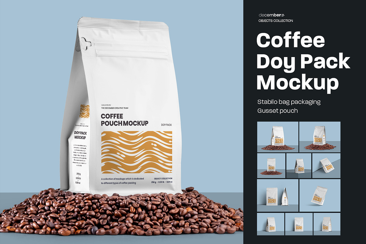 10 Coffee Bag Doy Pack Mockups, a Packaging Mockup by Grow Design Craft Studio (Photo 1 of 7)
