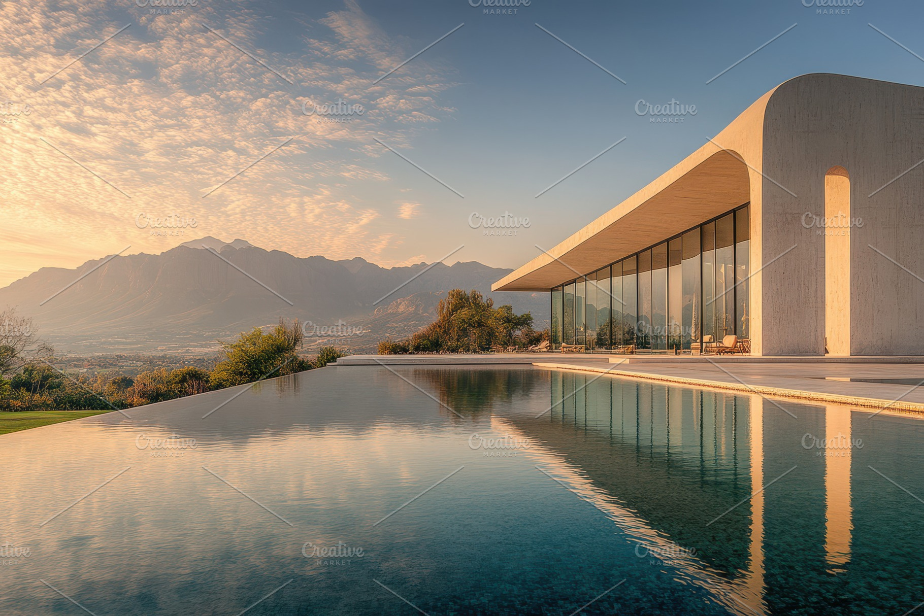 Modern House Infinity Pool Mountain, an Abstract Photo by Pixeness