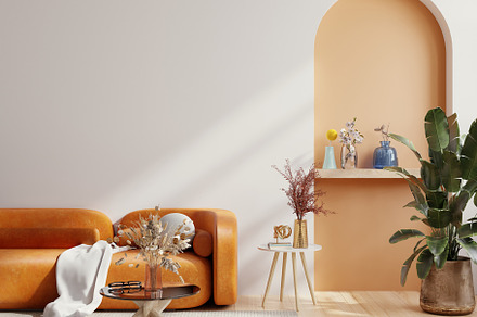 Simple minimal Nordic style interior with orange leather sofa and decoration mi