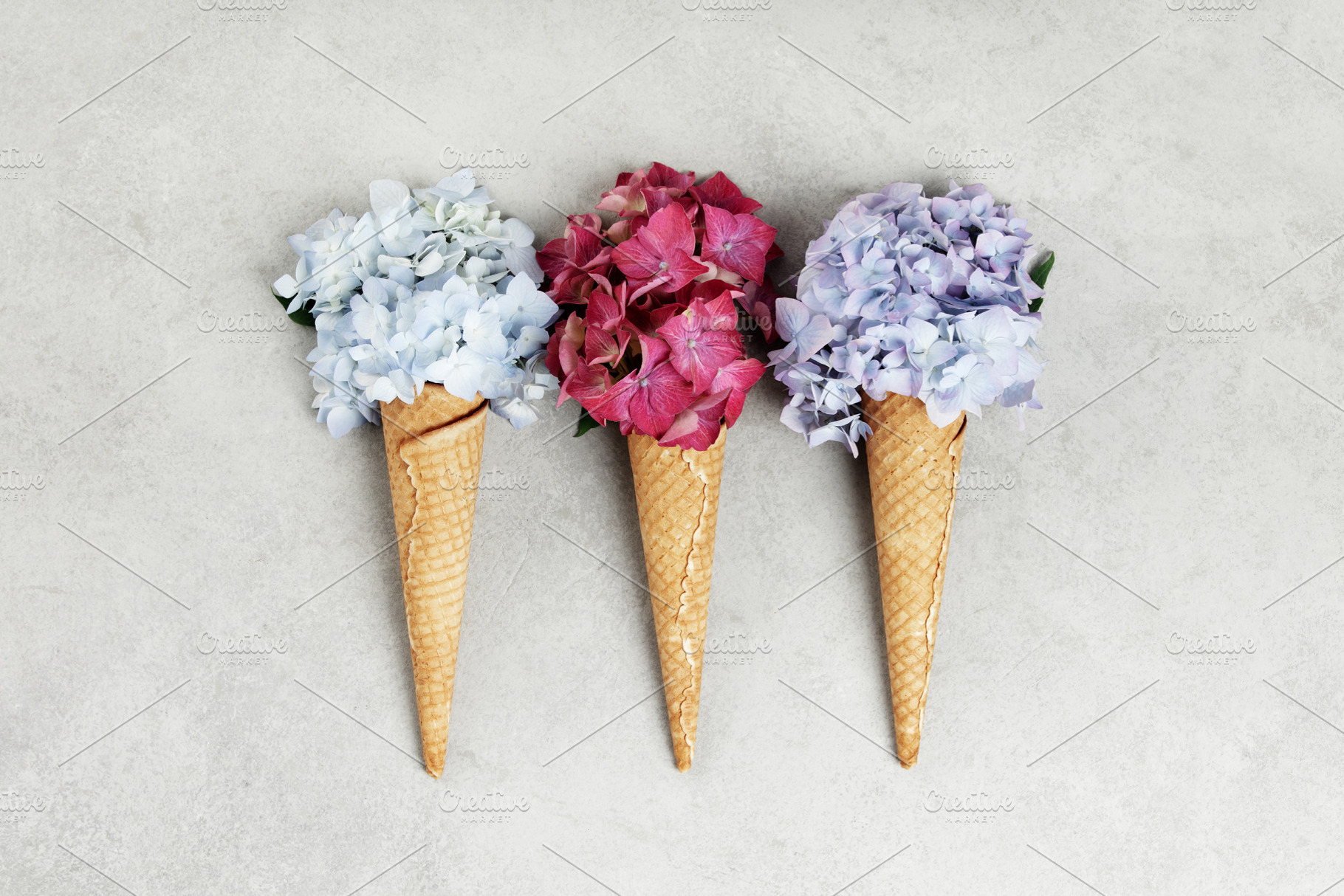 Trio of Hydrangea Ice Cream Cones on Light Background, a Beauty & Fashion Photo by Natalia Klenova's Shop