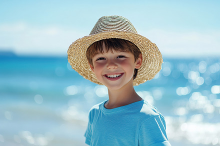 Old boy walking on the beach wearing a straw hat and smiling und, a Person Photo by AlyaAnd