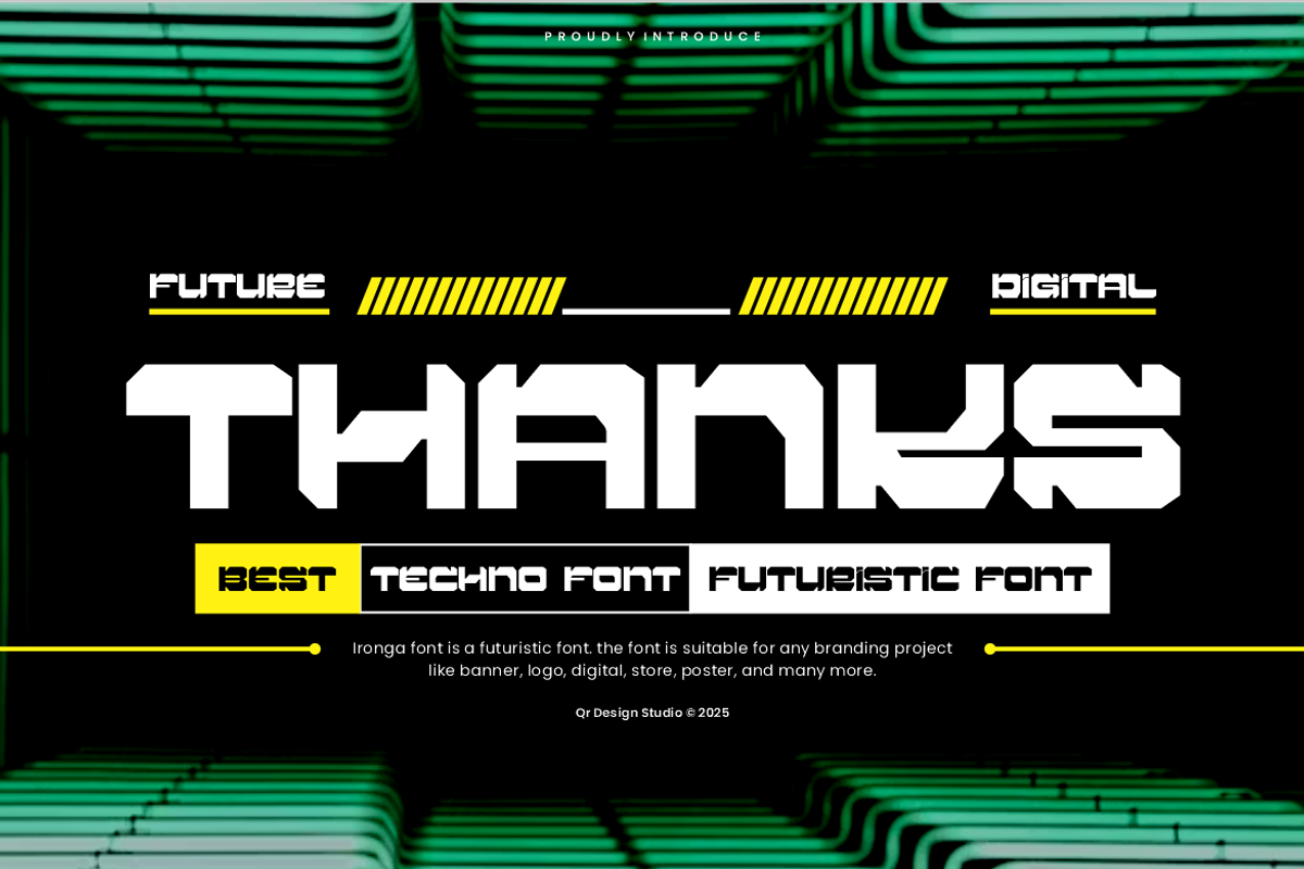 Ironga - Futuristic Font, a Sans Serif Font by QR Design Studio (Photo 11 of 11)
