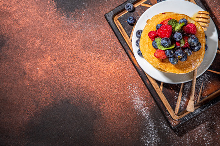 Stack of pancakes with berries, a Food & Drink Photo by Rimma