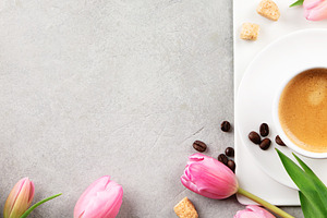 Spring Coffee Flat Lay with Tulips and Gift Box, a Holiday Photo by Natalia Klenova's Shop