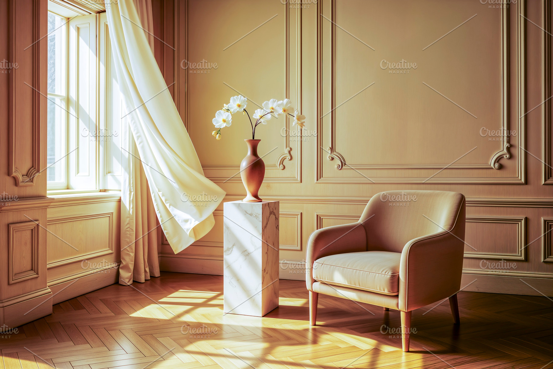 Sunlit velvet armchair with orchid, a Photo by rarrarorro