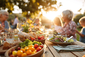 Multigenerational family enjoys outdoor celebration during sunset with deliciou, a Photo by AlyaAnd