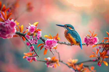 Vivid Kingfisher Resting Among Autumn Berries - Generative AI, an Animal Photo by José Manuel Gelpi