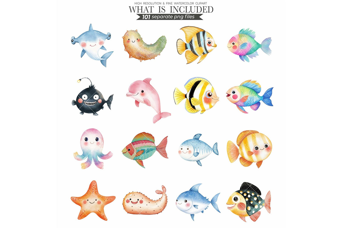 Cute Sea Animals Watercolor Clipart, an Animal Illustration by CharmClipart (Photo 7 of 9)