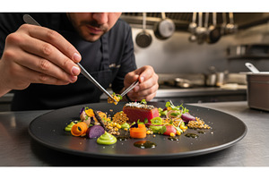 Professional chef carefully plating, a Food & Drink Photo by Igor Tichonow
