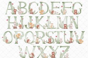 Woodland Watercolor Alphabet Clipart