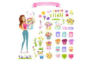 Beautiful Woman Holds Spring Bouquet In Round Box