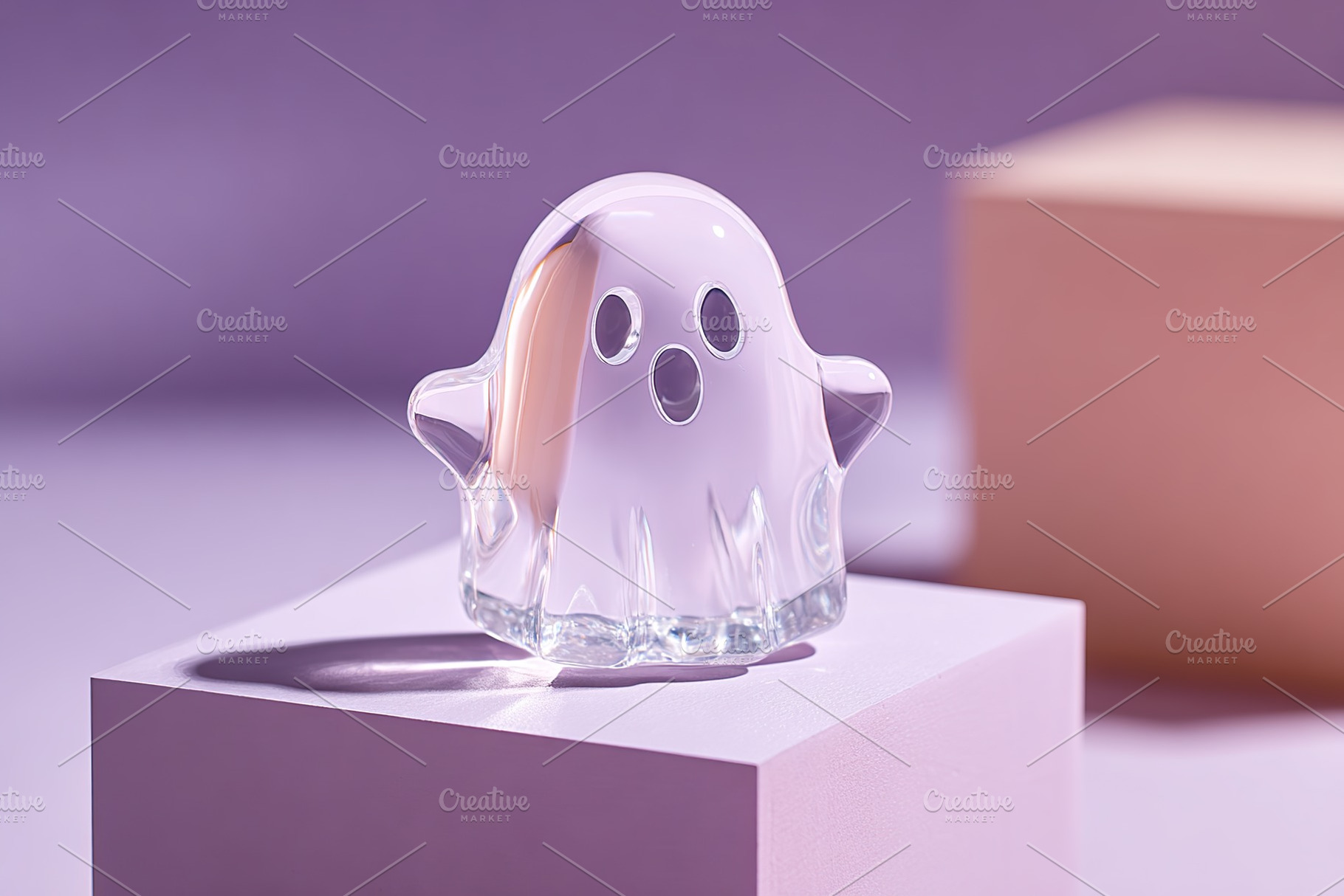 Decorative glass ghost figure on display with soft pastel background, a Photo by AlyaAnd