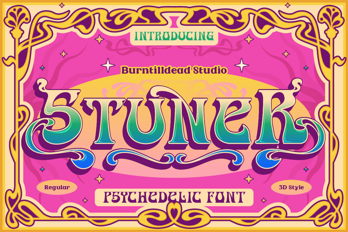 Stuner – Psychedelic Font, a Serif Font by Burntilldead (Photo 1 of 12)