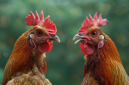 Two Vibrant Red Hens in an Intense Standoff Against a Scenic Green Background, a Photo by AS photostudio