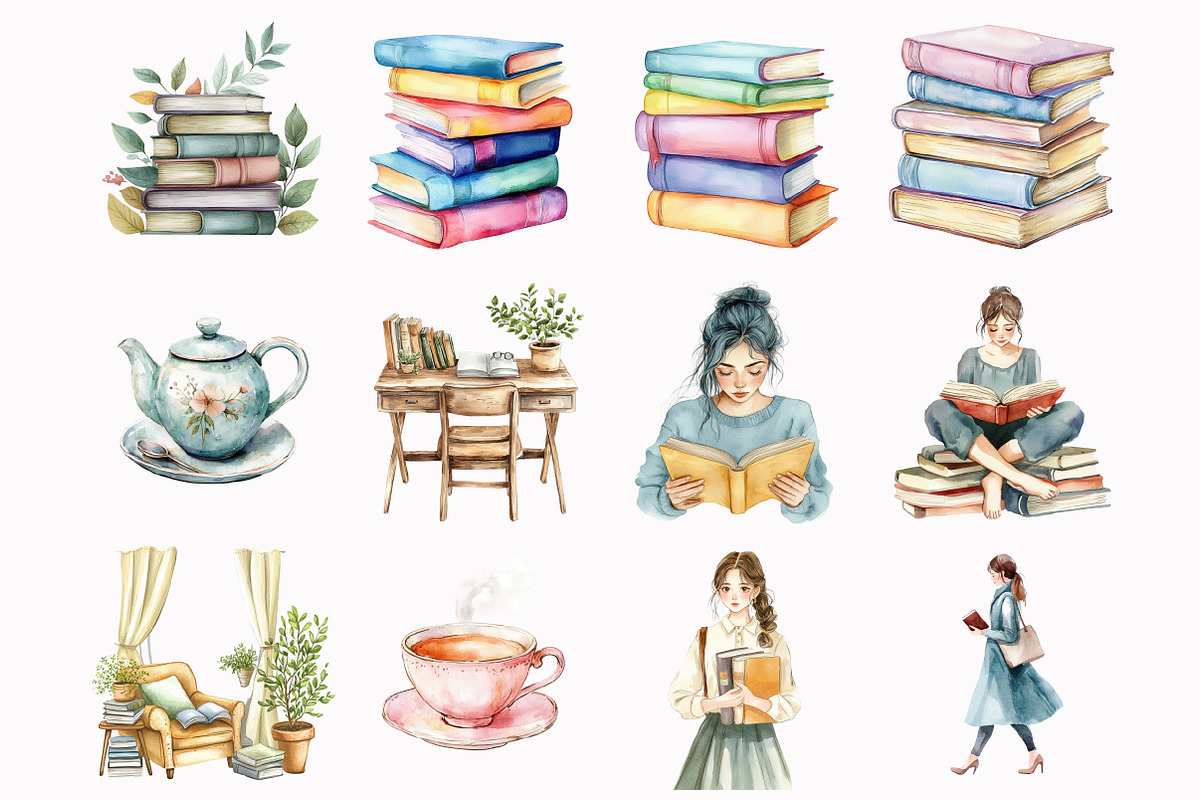 Watercolor Pink Green Bookworm clipa, an Illustration by Design Market (Photo 3 of 3)