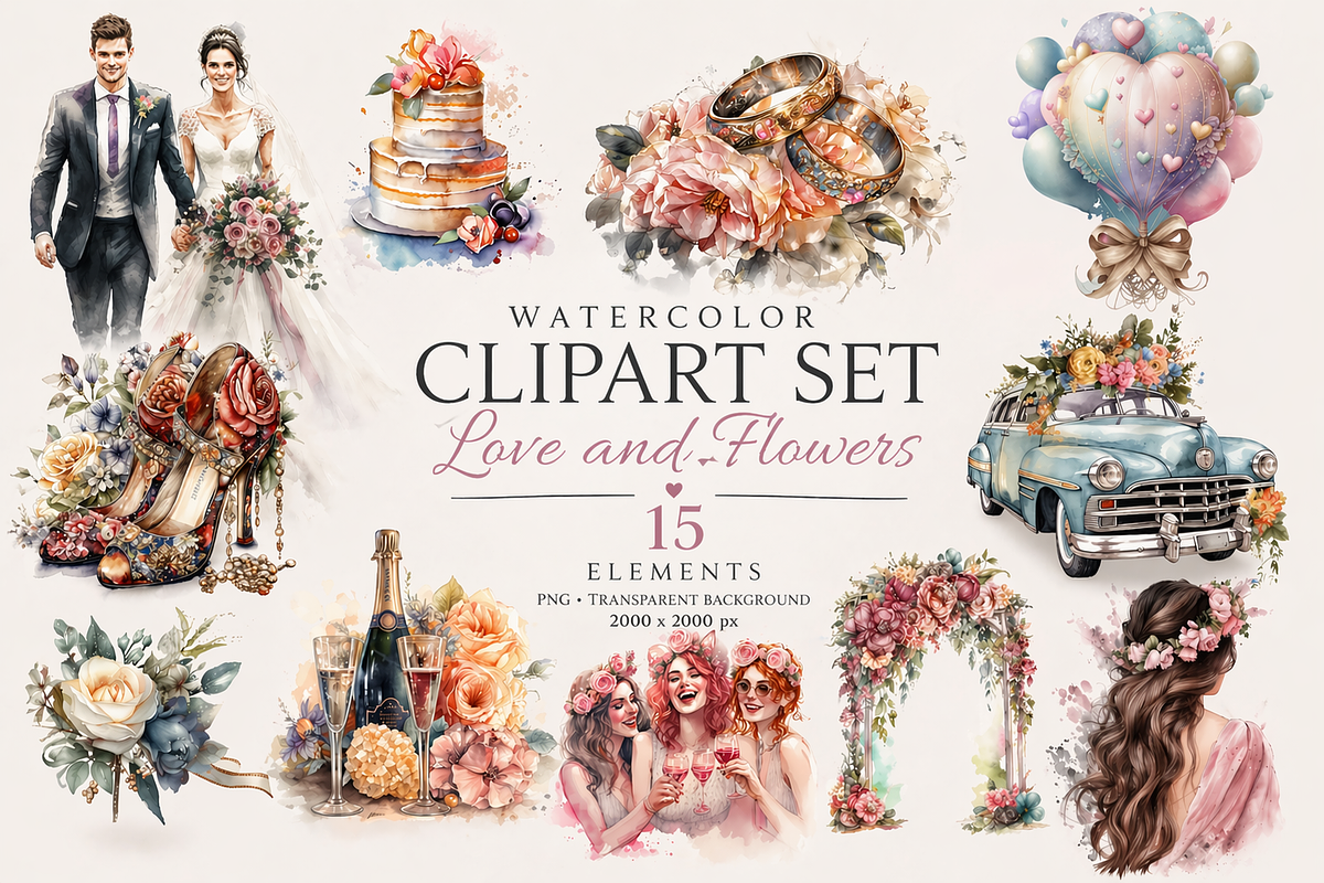 15Watercolor Wedding Clipart PNG Set, an Illustration by Jalina Clipart Studio (Photo 1 of 7)