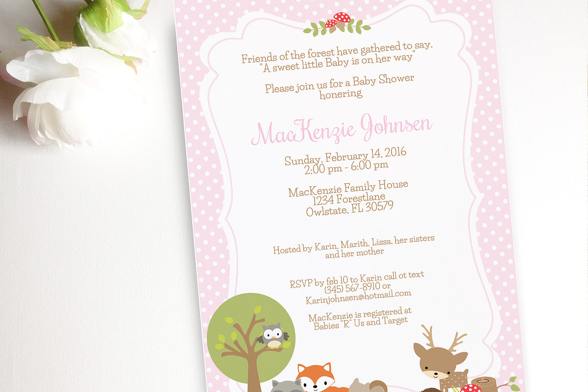 Woodland Baby shower pink invite, an Invitation Template by ThePaperOwl (Photo 2 of 3)