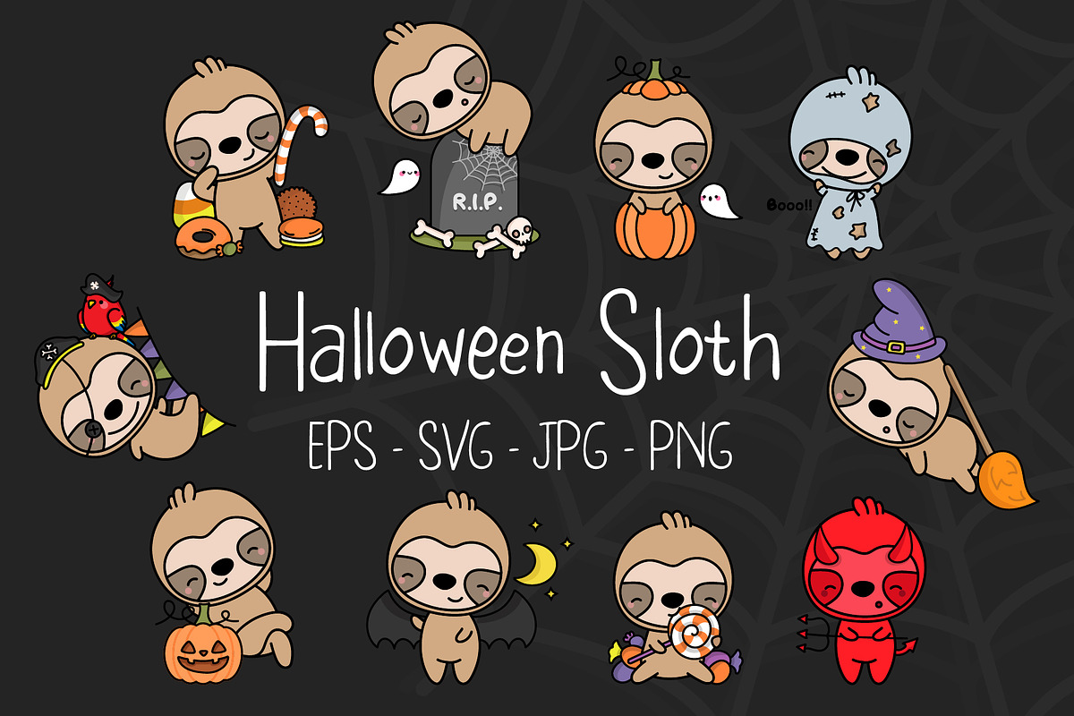 Set of Cute Halloween Sloth, an Animal Illustration by ArtVarStudio (Photo 1 of 3)