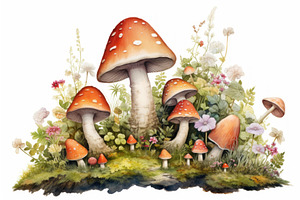 Mushroom Flowers Watercolor