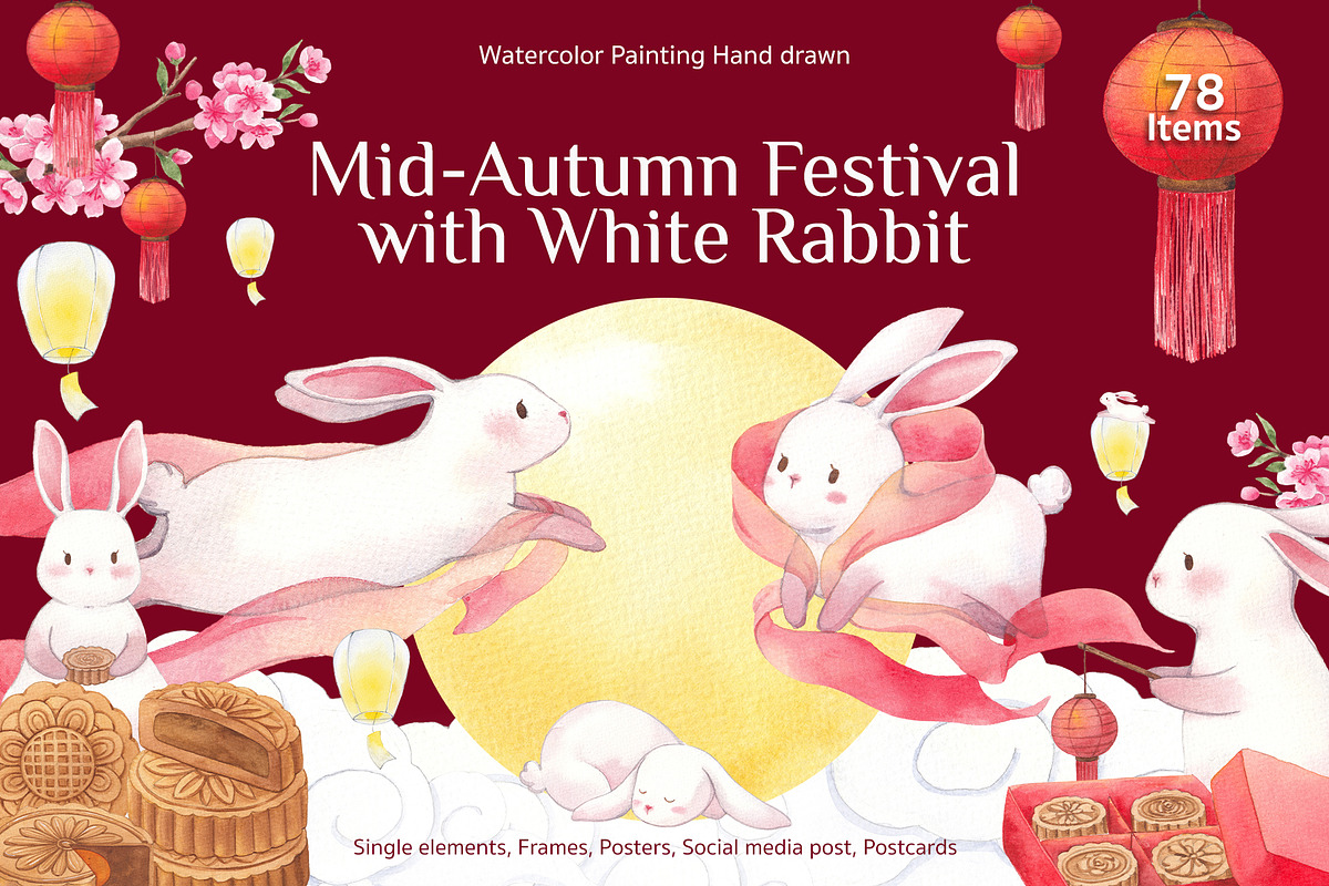 Mid-Autumn Festival & White Rabbit, an Animal Illustration by CreativeValuation (Photo 1 of 17)