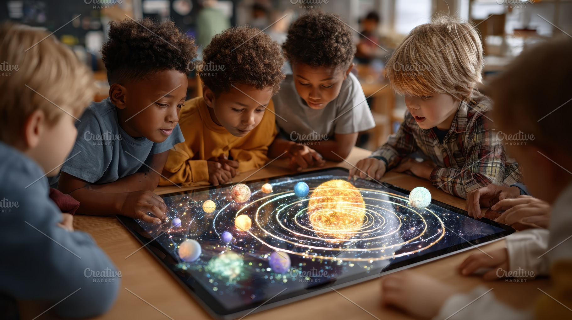 Kids exploring solar system on table, a Photo by Pixeness Studio