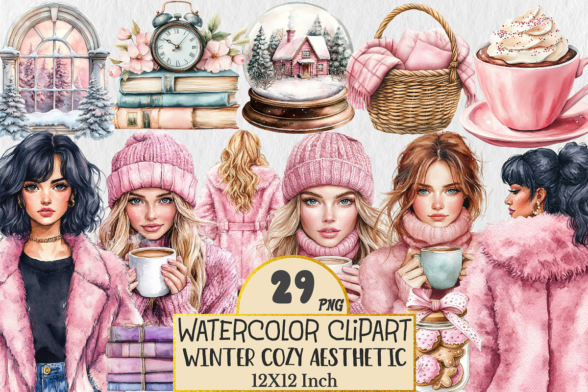 Pink Winter Cozy Aesthetic Clipart, a Seasonal Illustration by Rose Art