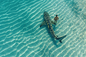 Aerial view of big blue shark swims in clean water near the human standing in t, an Animal Photo by AlyaAnd