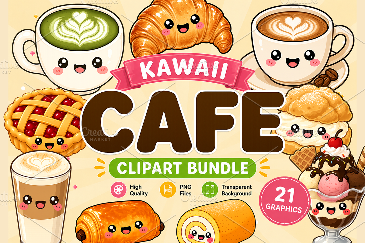 Cafe Kawaii Clipart PNG Bundle, a Food Illustration by QM_ART (Photo 1 of 4)