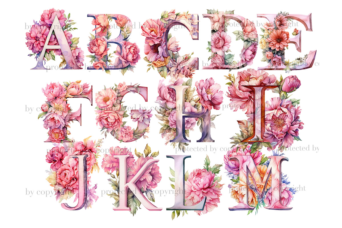 Pink Peonies Alphabet Letters, a Decorative Illustration by GlamArtZhanna (Photo 2 of 5)