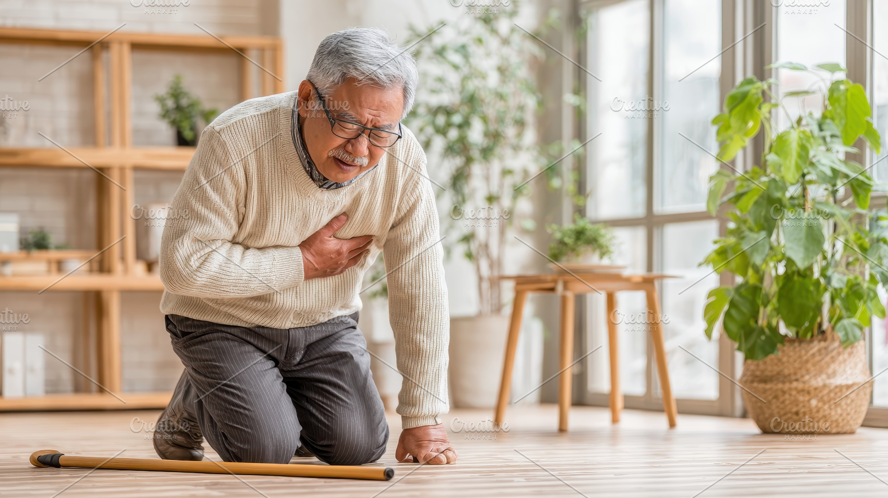 Elderly man experiencing chest pain, a Photo by Pixeness Studio