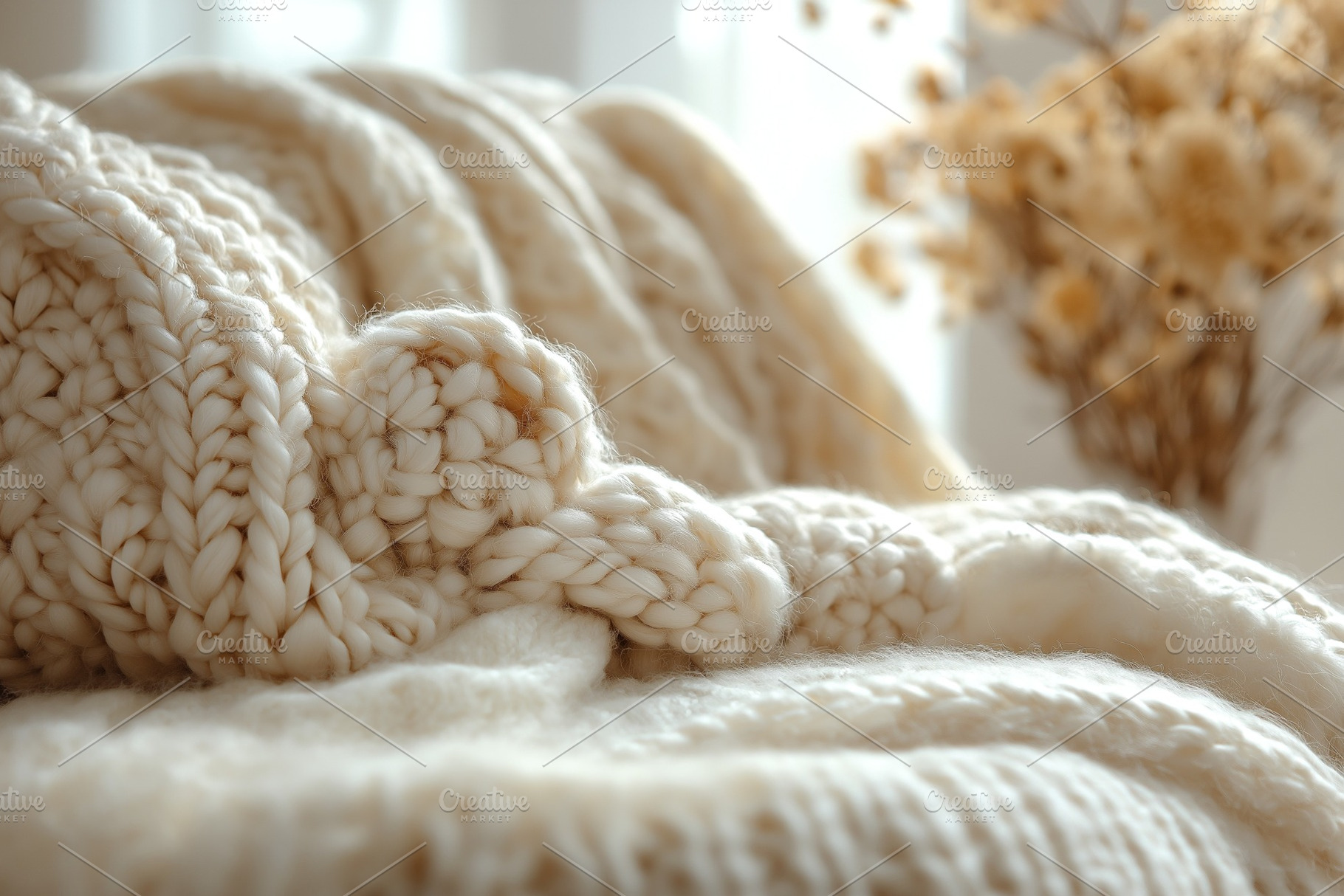 A cozy, cream-colored knitted blanket draped softly on a comfortable sofa, invi, a Background Photo by ImageMir