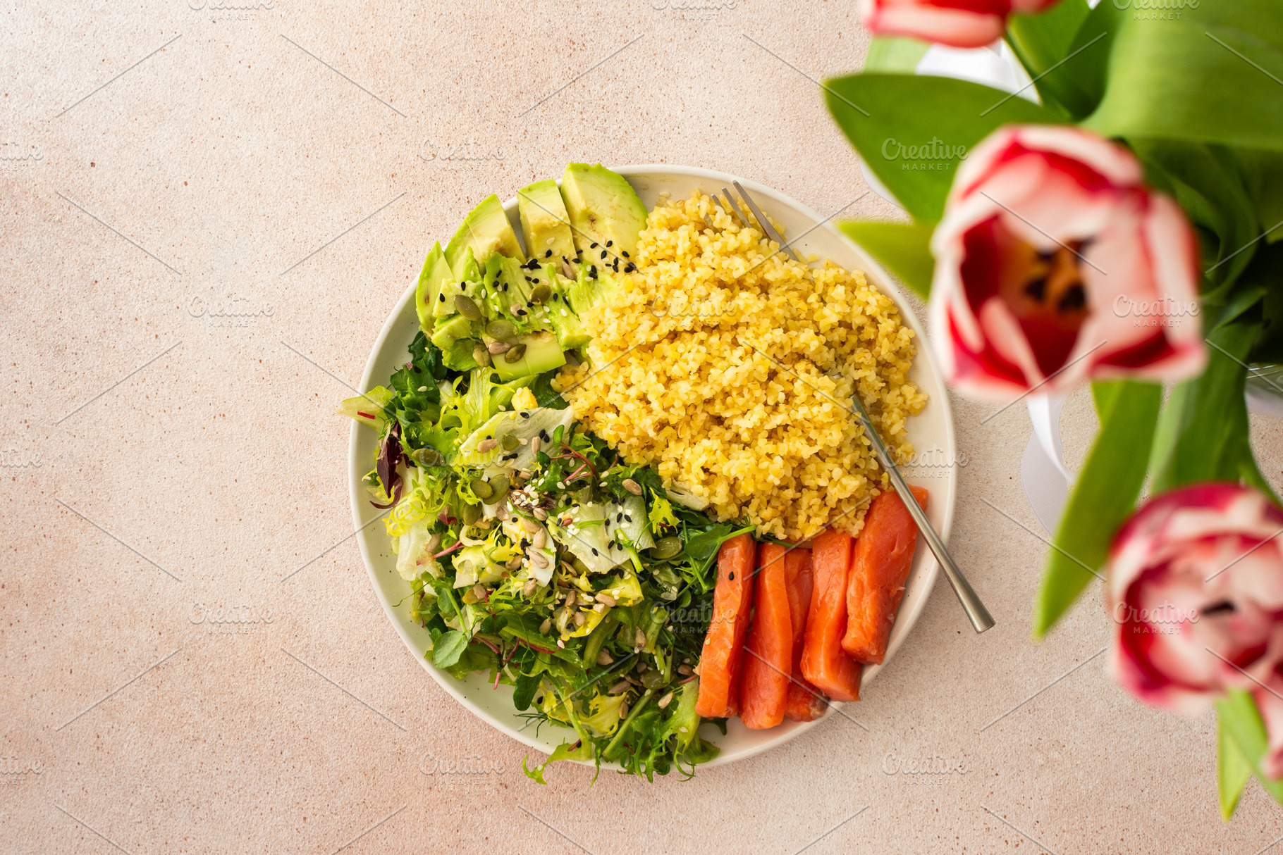 Healthy balanced breakfast, a Food & Drink Photo by Pundateam
