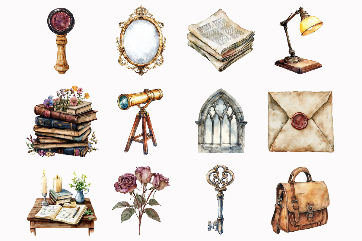 Watercolor Gothic Academia Clipart, an Illustration by Design Market (Photo 2 of 4)