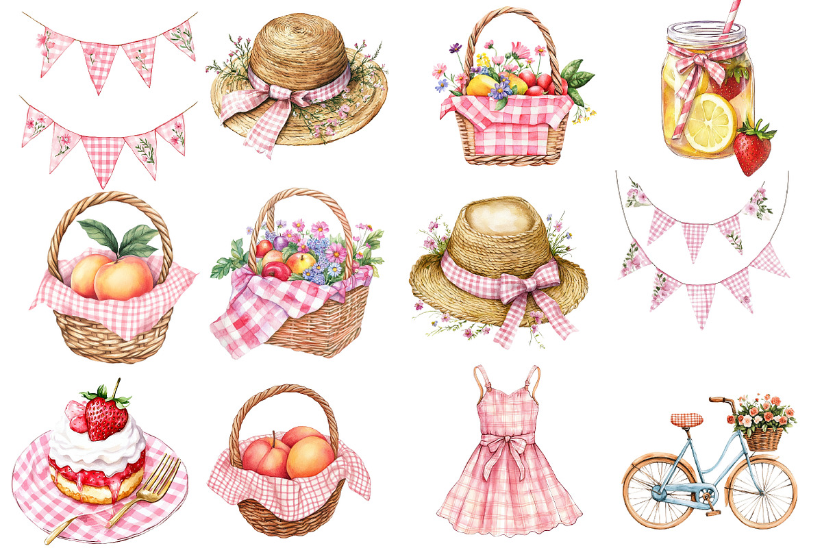 Bohemian Pink Gingham Summer Clipart, an Illustration by Watercolor design (Photo 3 of 5)
