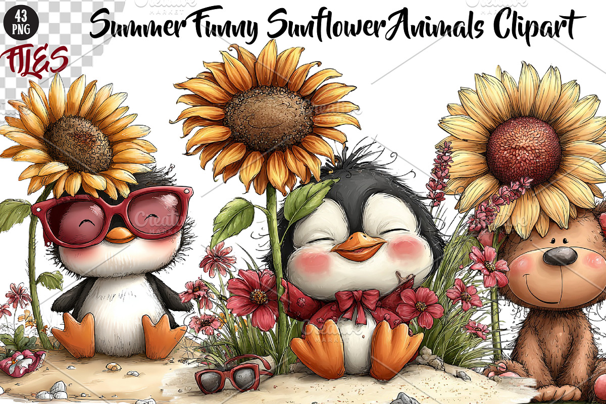 Summer Funny Sunflower Animals, a Seasonal Illustration by CreationArt (Photo 1 of 5)