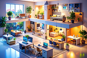 High angle of futuristic smart home with tech overlays, an Architecture Photo by DanFLCreativo