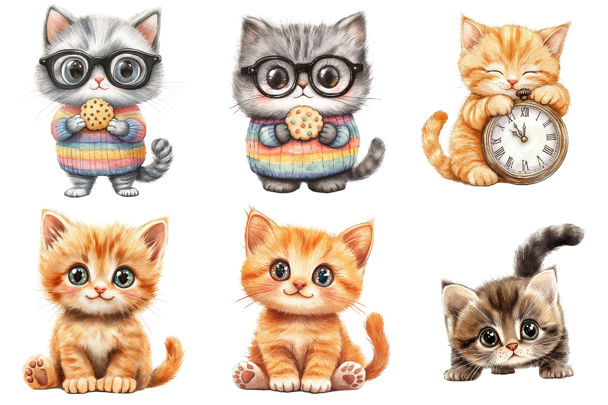 Watercolor Whimsical Cat Clipart, a Seasonal Illustration by CitraGraphics (Photo 4 of 5)