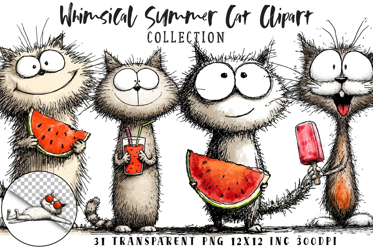 Whimsical Summer Cat Clipart, an Illustration by OK Design (Photo 1 of 6)